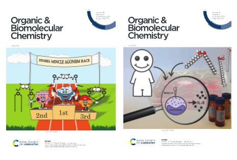 Organic and Biomolecular Chemistry journal covers featuring two of Dr Bridget Stocker's Marsden Fund research publications in 2020. Images: Permission granted from RSC Publishing.