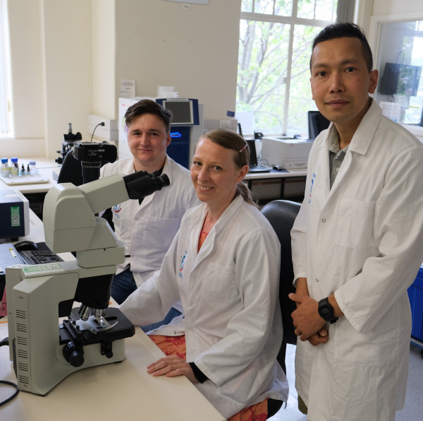 three scientists around a microscope