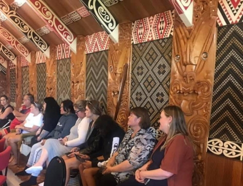 Manuhiri at Ahorangi Hinematau McNeill's kōrero at Moko marae, Te Puke in 2021