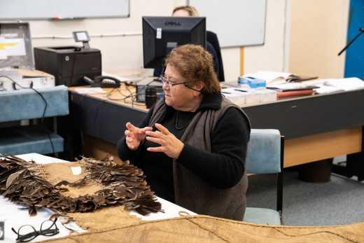 Mrs Ranui Ngarimu examining Te Ra at the British Museum London. Photo by Adam Rowley Mrs Ranui Ngarimu examining Te Ra at the British Museum London. Photo by Adam Rowley