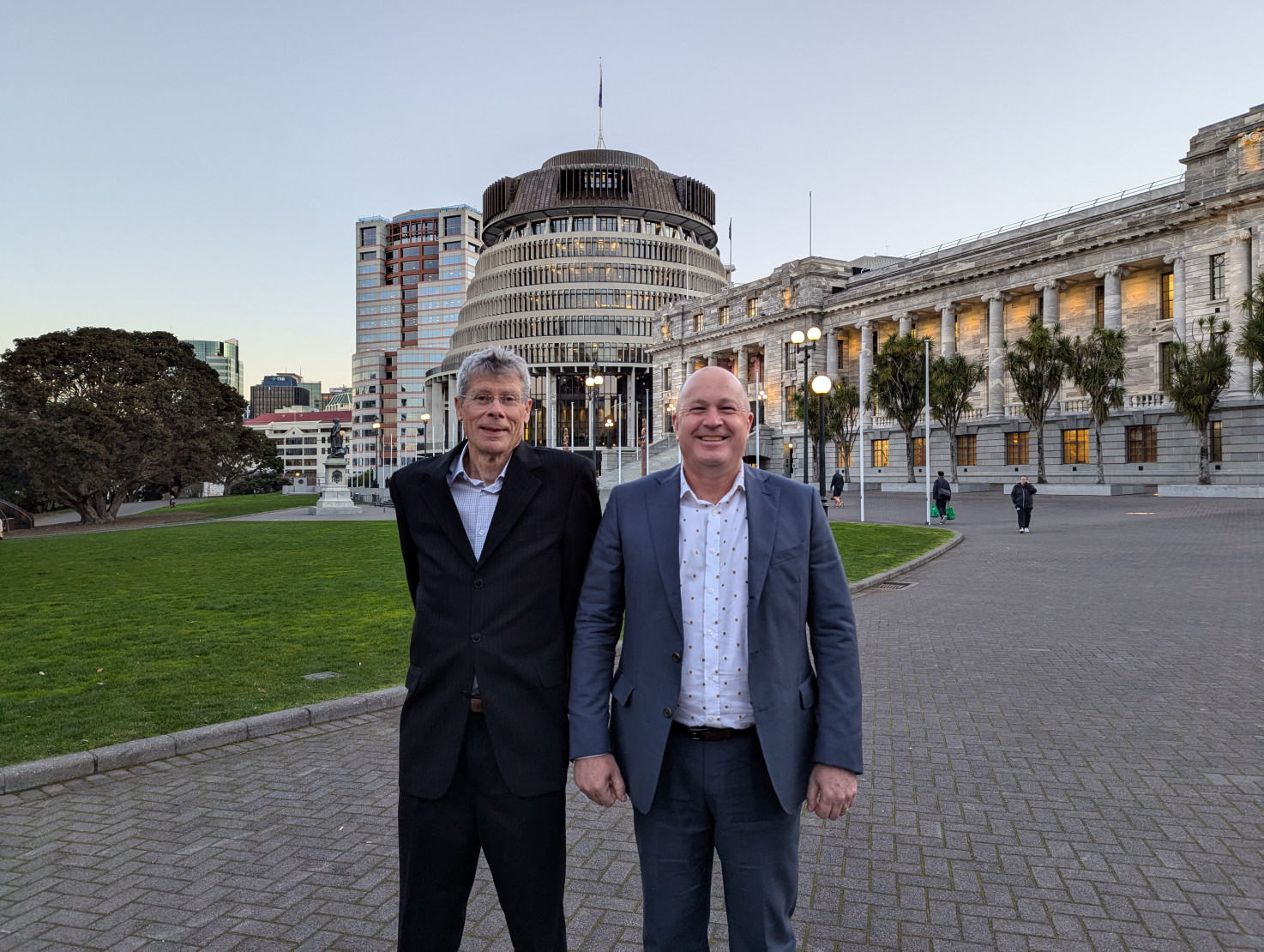 Dr Graeme Smart and Dr Adam Barker at Parliament Dr Graeme Smart and Dr Adam Barker stand outside the Beehive
