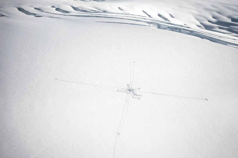 Aerial photo of 150x150m MT sounding system in the snow