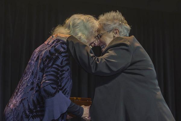 Dame Anne Salmond presents Professor Ngahuia te Awekotuku the Pou Aronui Award f