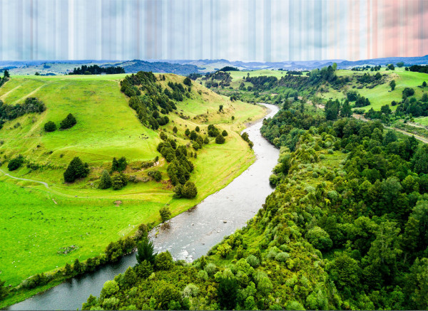 A river runs through pasture and forest. Vertical strips are overlaid on the sky that represnt global temperatures through time and grade from predominantly blue (3/4) to predominantly red (1/4).
