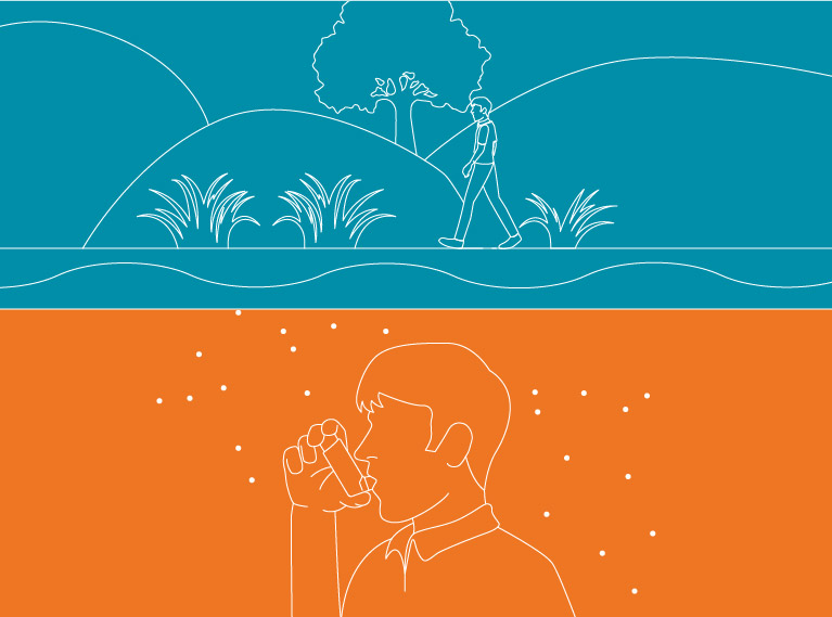 Air section toggle Man walking outdoors, and a man using an inhaler.