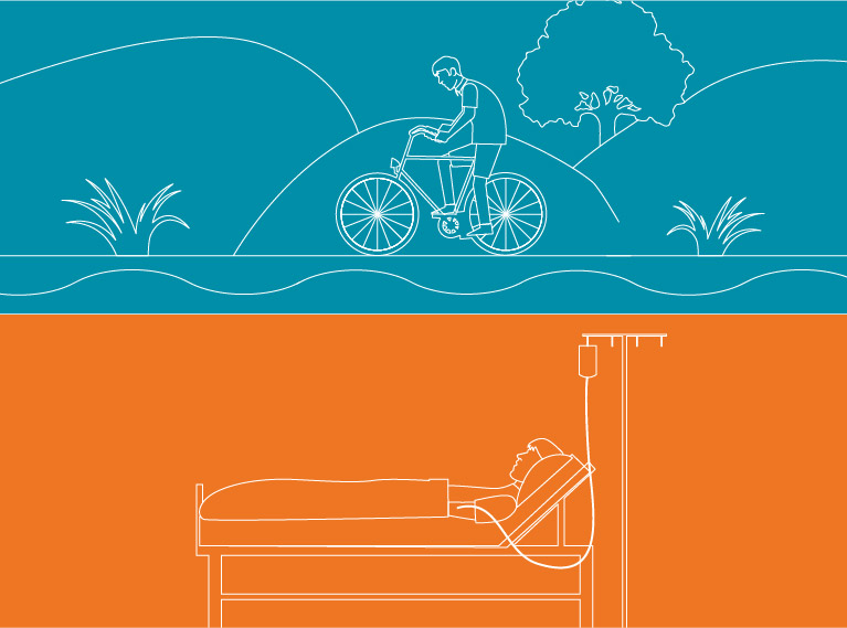 Disease section toggle Person in bed unwell, and person on bike ride.