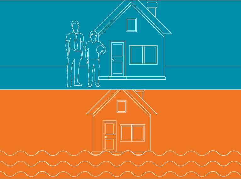 Shelter section toggle Picture of house underwater, another house with people standing out the front.