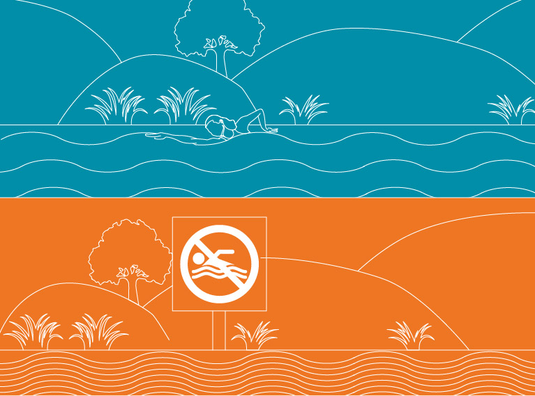 Water section toggle Image of person swimming in a body of water with a seperate body of water with no swimming sign.