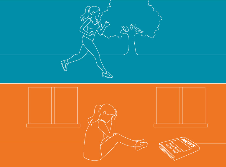 Well-being section toggle. Image of a woman jogging and a woman crying on floor.